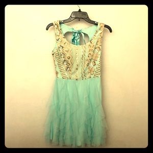 Aqua & gold sequin bodice and tiered ruffled skirt